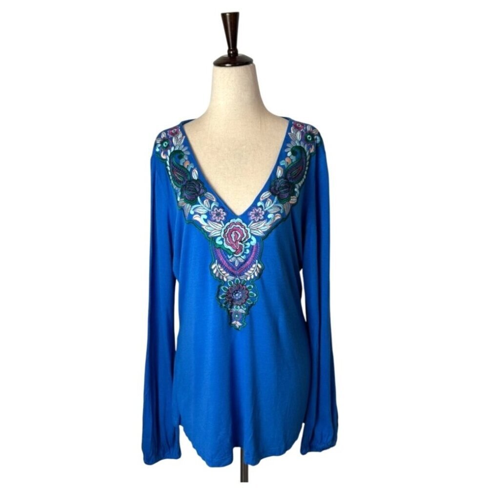 Alexia Admor Shirt Women Large Blue Floral Embroidered Long Sleeve Top NWT Boho